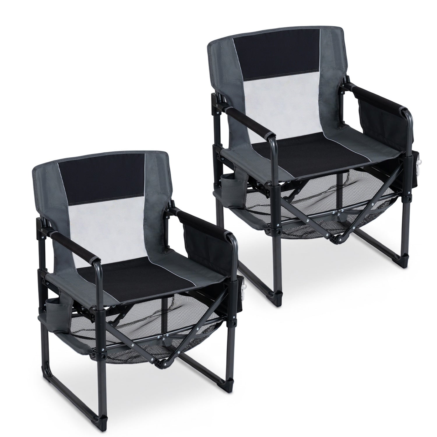 Black heavy-duty outdoor camping chair with cup holder and bottle opener, sturdy camping furniture for outdoor adventures.
