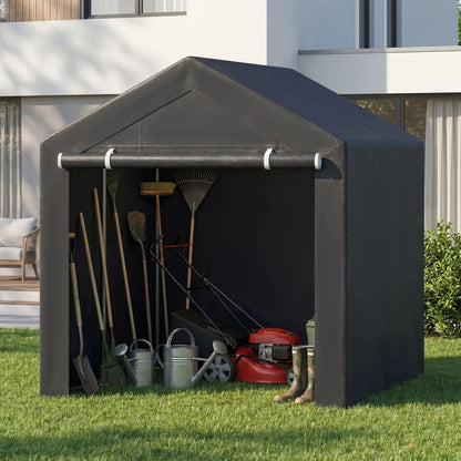 Heavy-duty portable storage shed with roll-up zipper door from Wilsons Home Store, ideal for outdoor storage and garage organization.