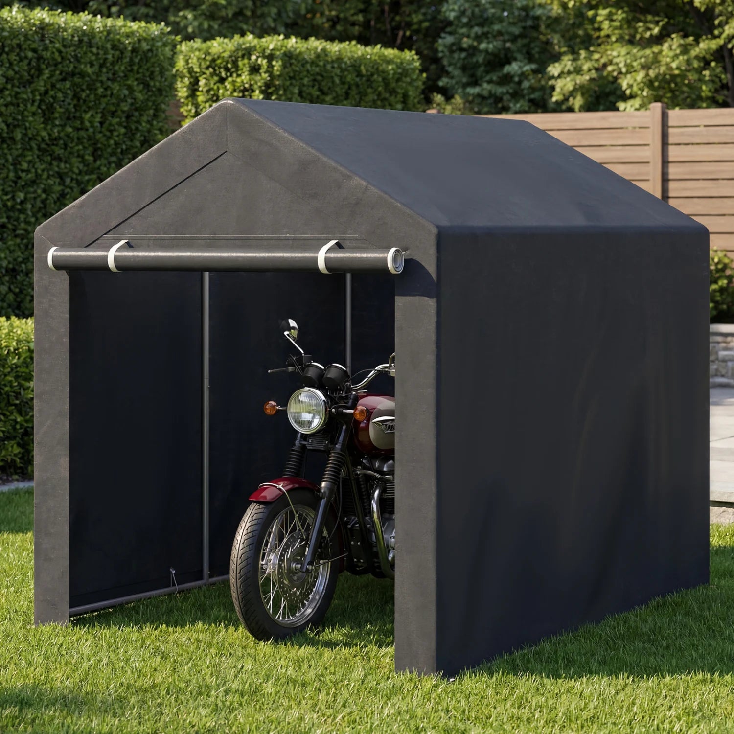 Heavy-duty portable storage shed by Wilsons Home Store with roll-up zipper door, ideal for outdoor storage and garden organization.