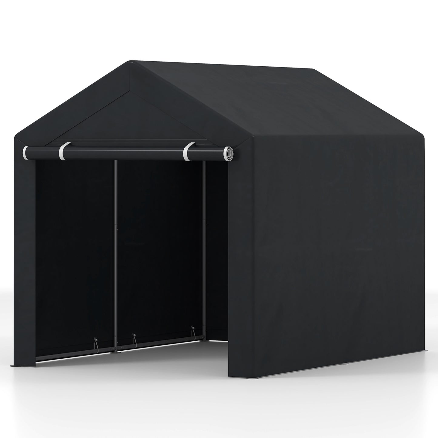 Heavy-duty portable storage shed by Wilsons Home Store with roll-up zipper door, ideal for outdoor storage and garage organization.