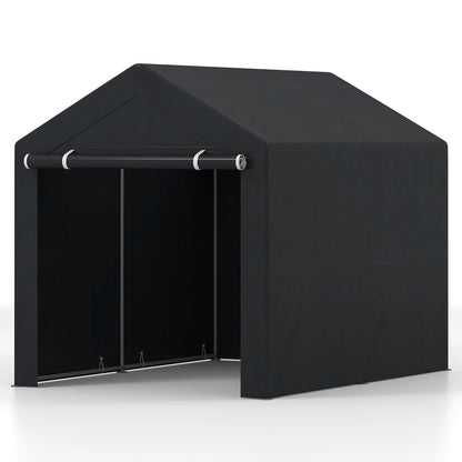Heavy-duty portable storage shed by Wilsons Home Store with roll-up zipper door, ideal for outdoor storage and garage organization.