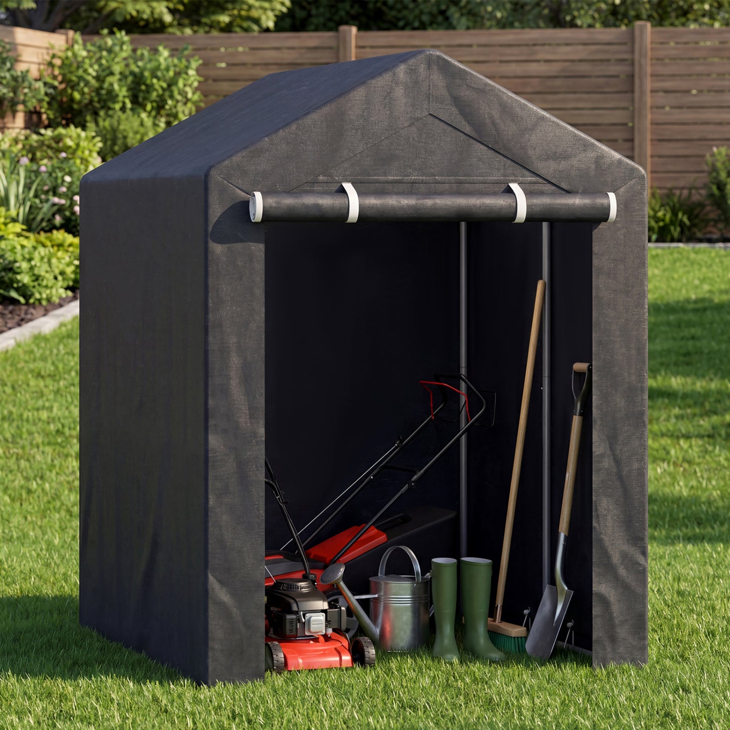 Heavy-duty portable storage shed by Wilsons Home Store with roll-up zipper door for outdoor storage and garage use.