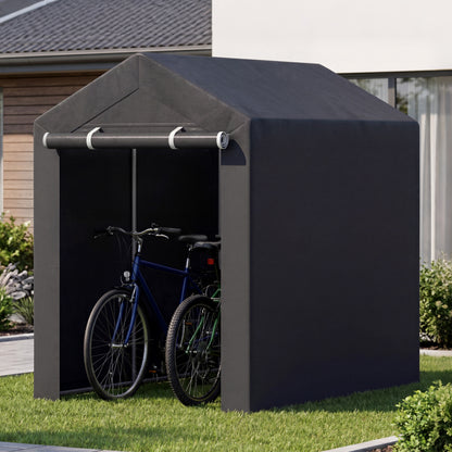 Heavy-duty portable storage shed with roll-up zipper door, ideal for outdoor storage and garage organization by Wilsons Home Store.