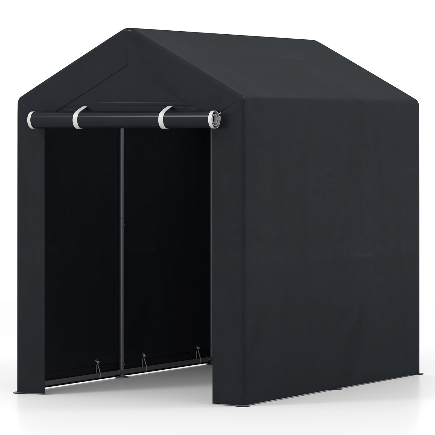 Heavy-duty portable storage shed with roll-up zipper door, ideal for outdoor storage and garage organization by Wilsons Home Store.