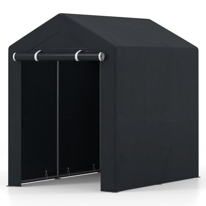 Heavy-duty portable storage shed with roll-up zipper door, ideal for outdoor storage and garage organization by Wilsons Home Store.