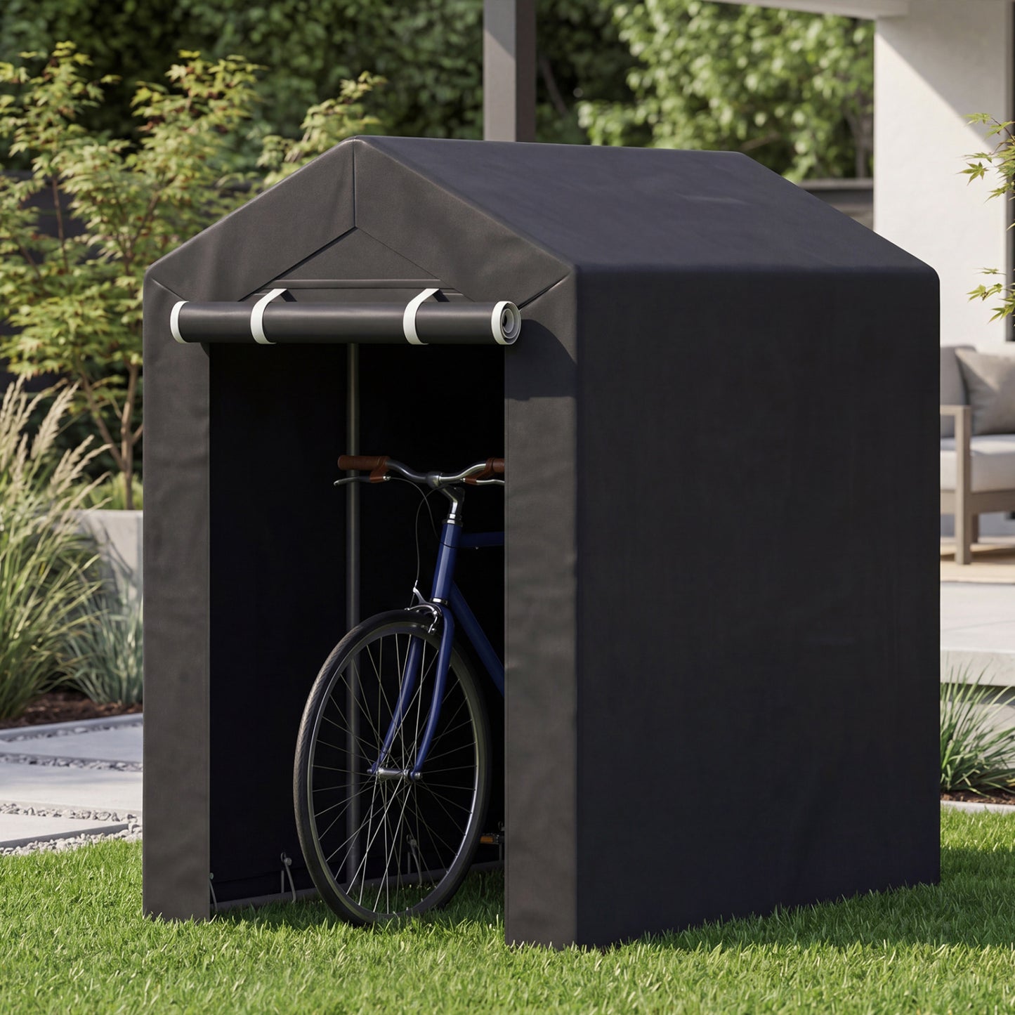Heavy-duty portable storage shed by Wilsons Home Store with roll-up zipper door, ideal for outdoor storage and garage organization.