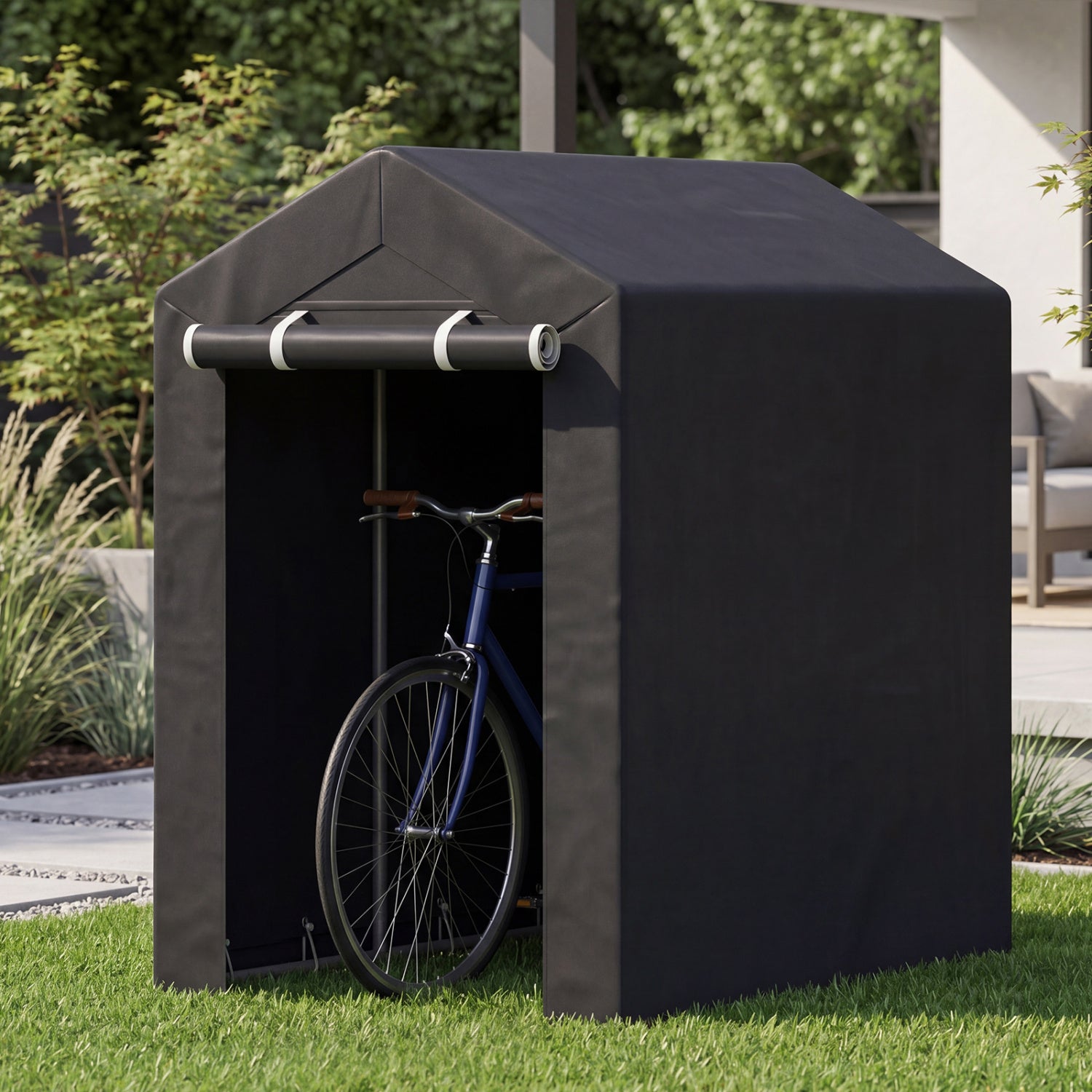 Heavy-duty portable storage shed by Wilsons Home Store with roll-up zipper door, ideal for outdoor storage and garage organization.