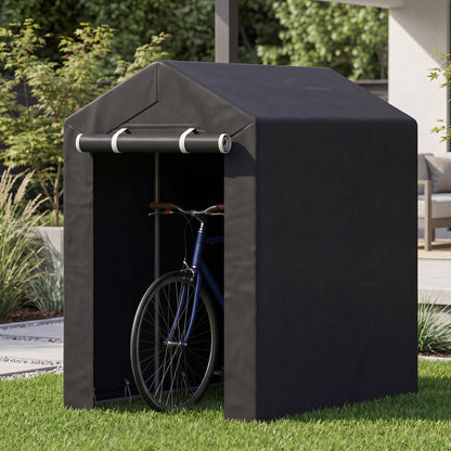 Heavy-duty portable storage shed by Wilsons Home Store with roll-up zipper door, ideal for outdoor storage and garage organization.