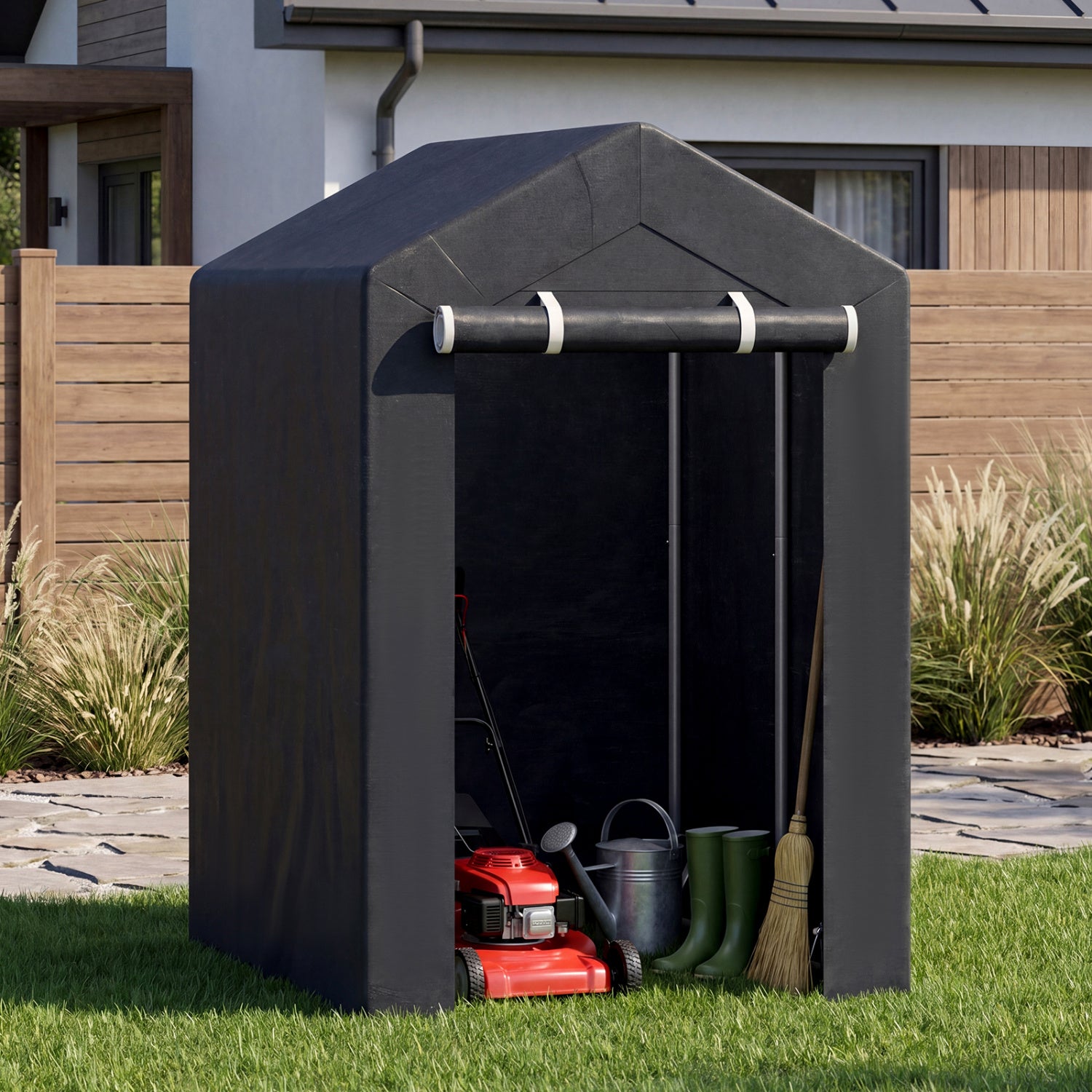 Heavy-duty portable storage shed with roll-up zipper door, ideal for outdoor storage and garage organization by Wilsons Home Store