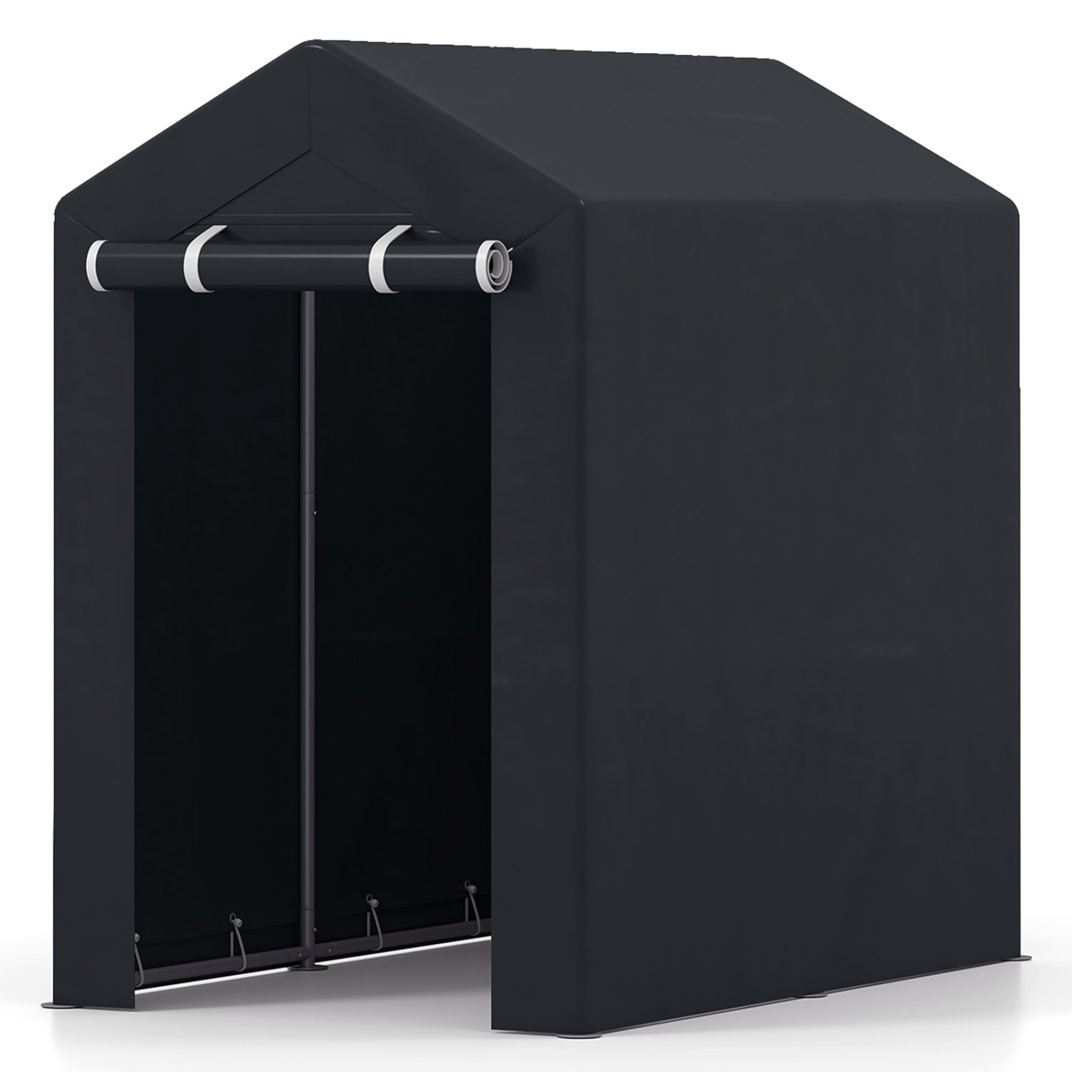 Heavy-duty portable storage shed with roll-up zipper door, ideal for outdoor storage and garage organization by Wilsons Home Store.