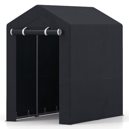 Heavy-duty portable storage shed with roll-up zipper door, ideal for outdoor storage and garage organization by Wilsons Home Store.
