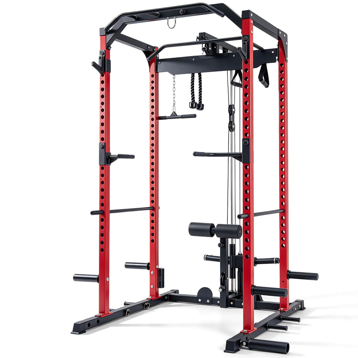 Red heavy-duty power cage with cable crossover system and leg hold-down for strength training exercises.