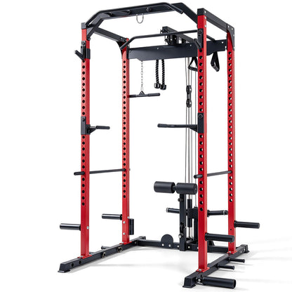 Red heavy-duty power cage with cable crossover system and leg hold-down for strength training exercises.