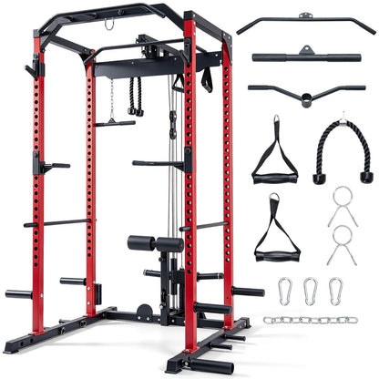 Red heavy-duty power cage with cable crossover system and leg hold-down for strength training workouts.