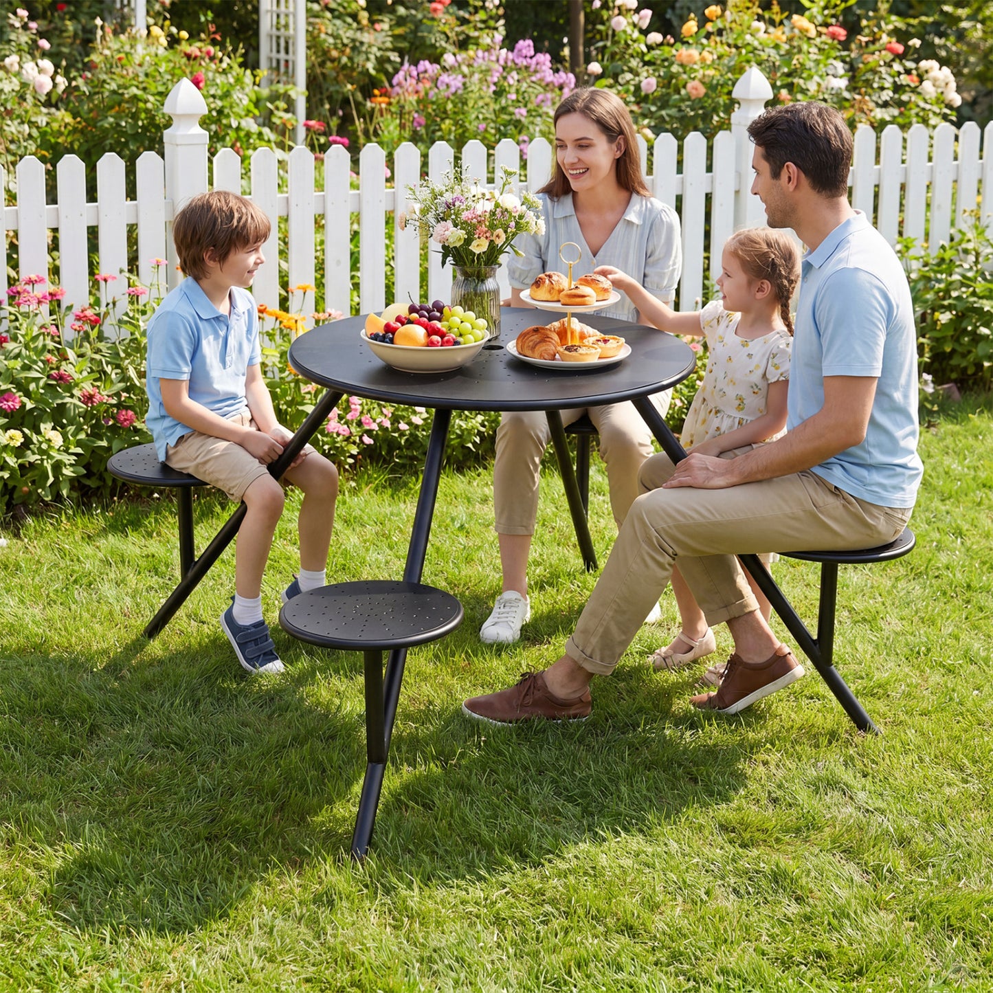 Heavy duty black round picnic table with iron seats and umbrella hole, ideal for outdoor patio dining and family gatherings