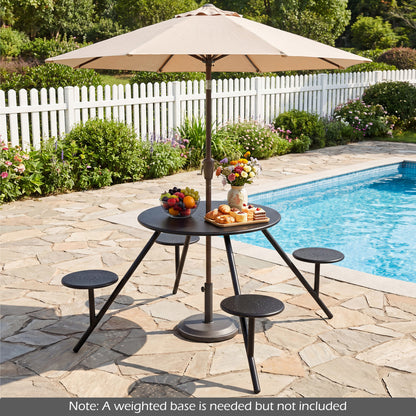 Heavy duty round black picnic table with iron seats and umbrella hole for outdoor patio use.