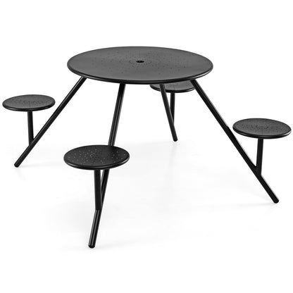 Heavy duty black round picnic table with iron seats, umbrella hole, perfect for outdoor patio dining.