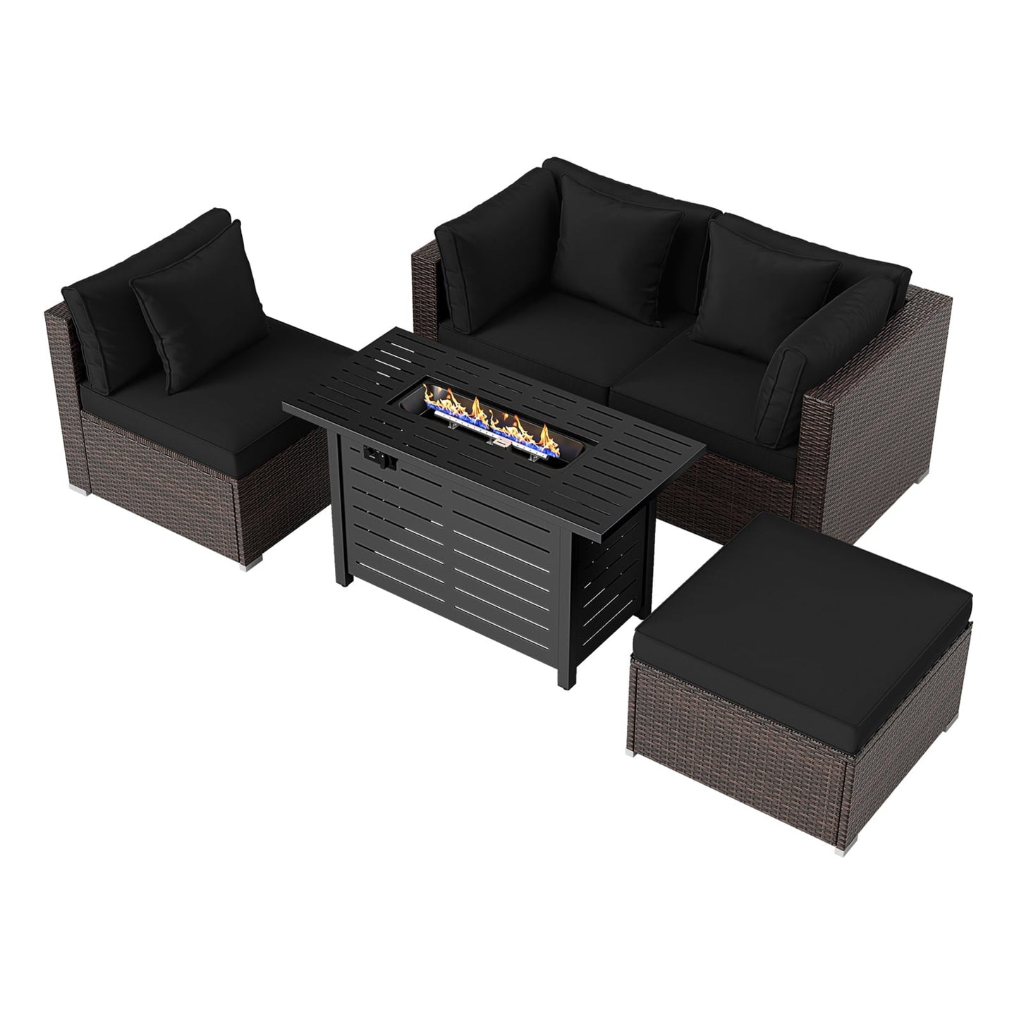 Heavy-duty Frame Rattan Sofa Set with 60000 BTU Firepit Table-Black