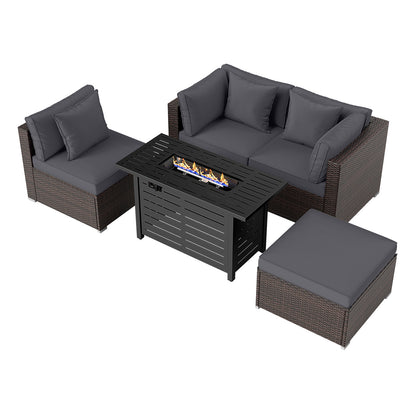 Heavy-duty Frame Rattan Sofa Set with 60000 BTU Firepit Table-Black