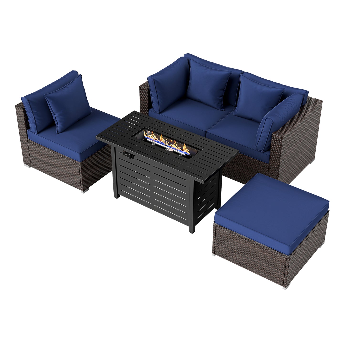 Heavy-duty Frame Rattan Sofa Set with 60000 BTU Firepit Table-Black