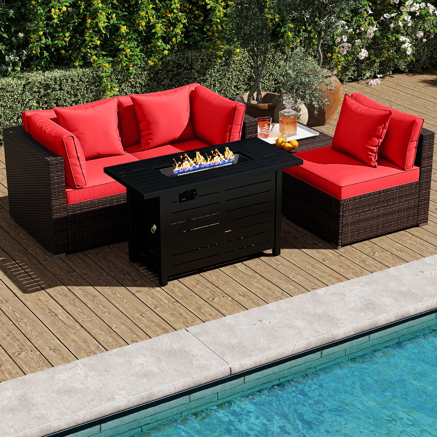 Heavy-duty Frame Rattan Sofa Set with 60000 BTU Firepit Table-Black