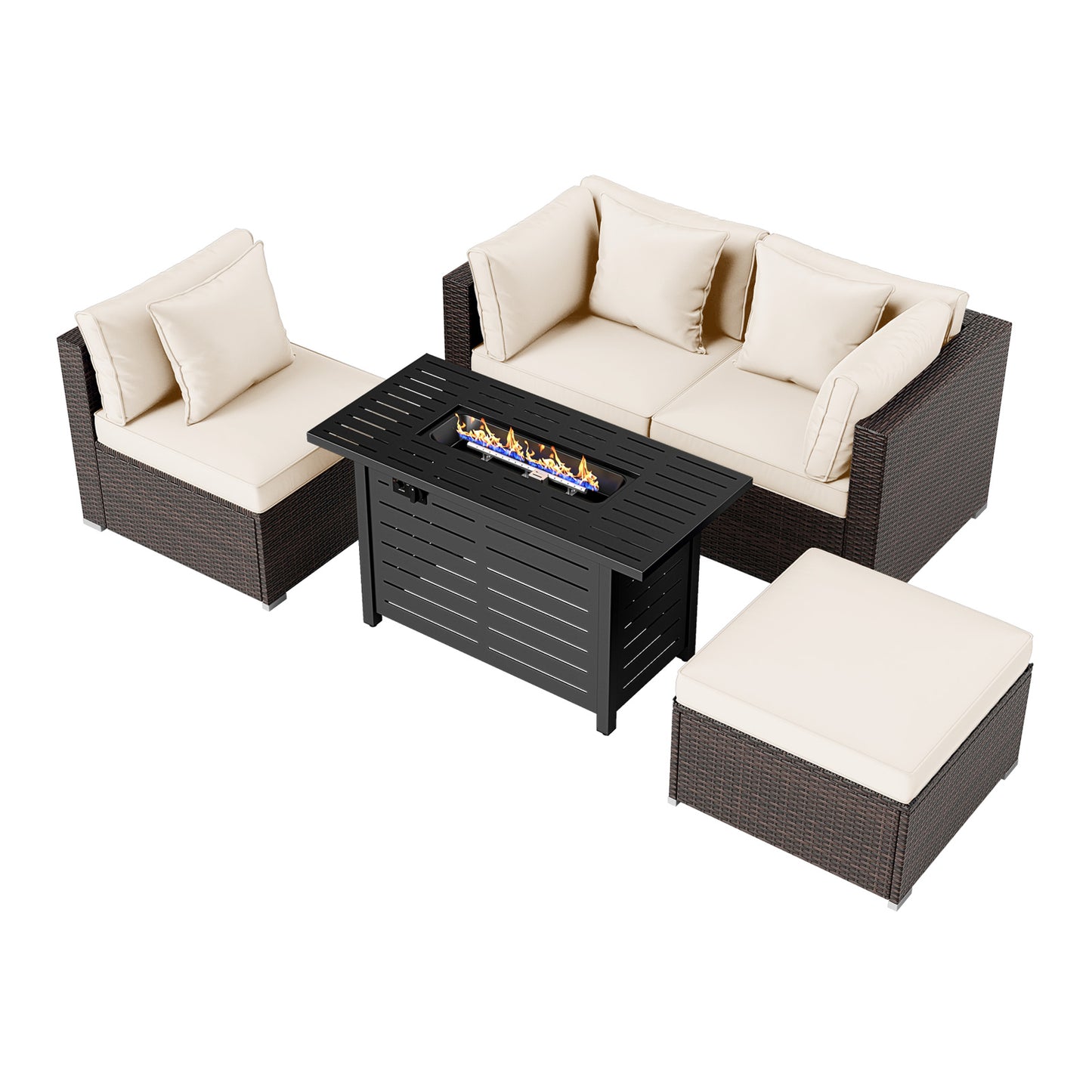 Heavy-duty Frame Rattan Sofa Set with 60000 BTU Firepit Table-Black