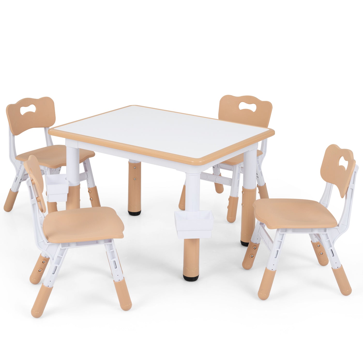 Height adjustable kids table and 4 chairs set with graffiti desktop and 2 storage baskets in gray, suitable for toddlers and kids.