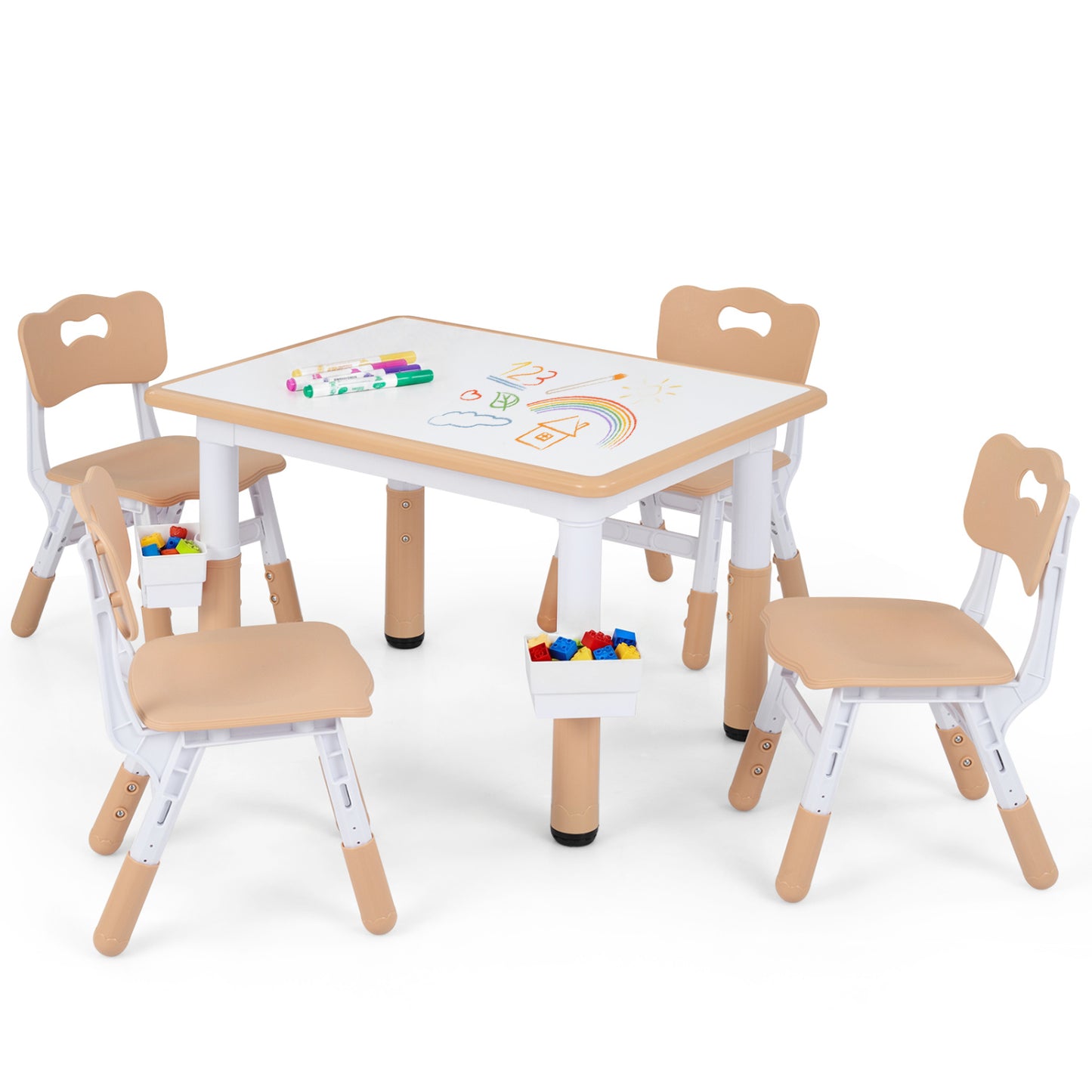 Height adjustable kids table and 4 chairs set with graffiti desktop and 2 storage baskets, in gray, for toddler and kids furniture.