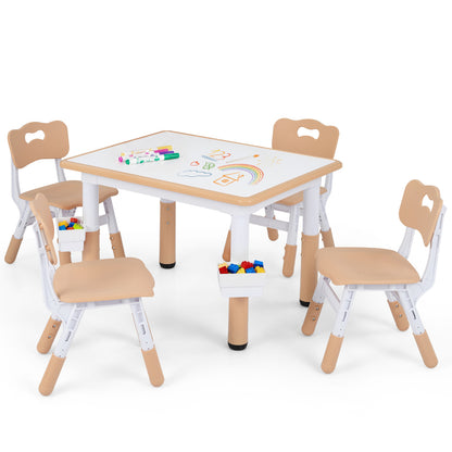 Height adjustable kids table and 4 chairs set with graffiti desktop and 2 storage baskets, in gray, for toddler and kids furniture.