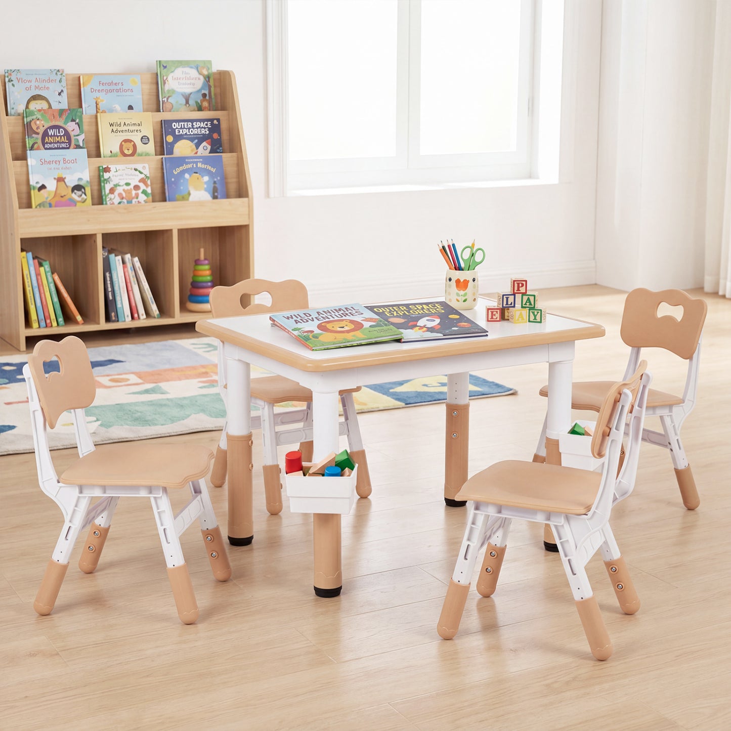 Height adjustable kids table and 4 chairs set with graffiti desktop and 2 storage baskets in gray, for toddler and kids furniture.