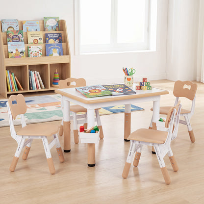 Height adjustable kids table and 4 chairs set with graffiti desktop and 2 storage baskets in gray, for toddler and kids furniture.
