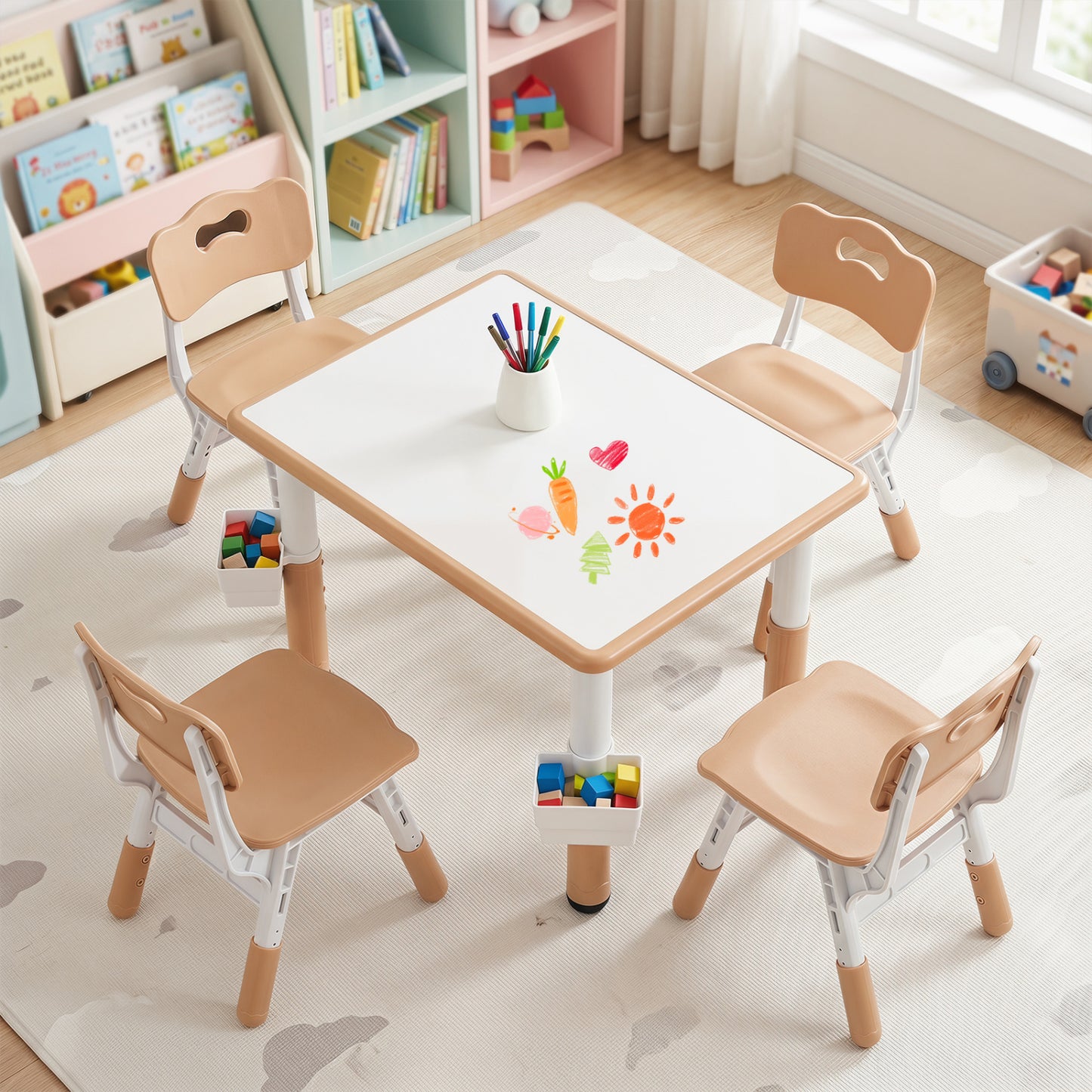 Height adjustable kids table with graffiti desktop and four chairs, includes two storage baskets, in gray color.