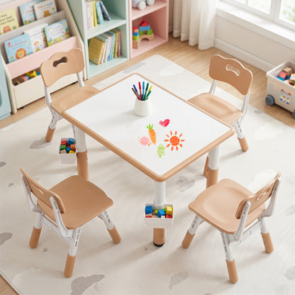 Height adjustable kids table with graffiti desktop and four chairs, includes two storage baskets, in gray color.