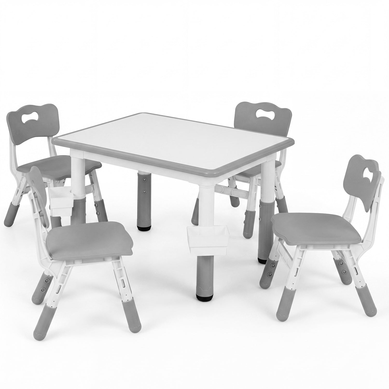 Height adjustable kids table and four chairs set with graffiti desktop and two storage baskets in gray, designed for toddlers and kids.