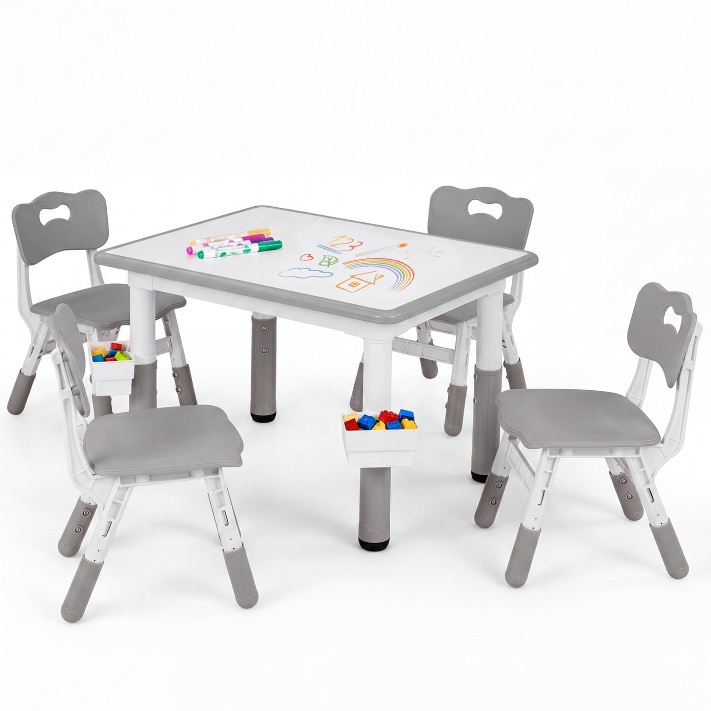 Height adjustable kids table and 4 chairs set with graffiti desktop and 2 storage baskets in gray, designed for toddlers and kids.