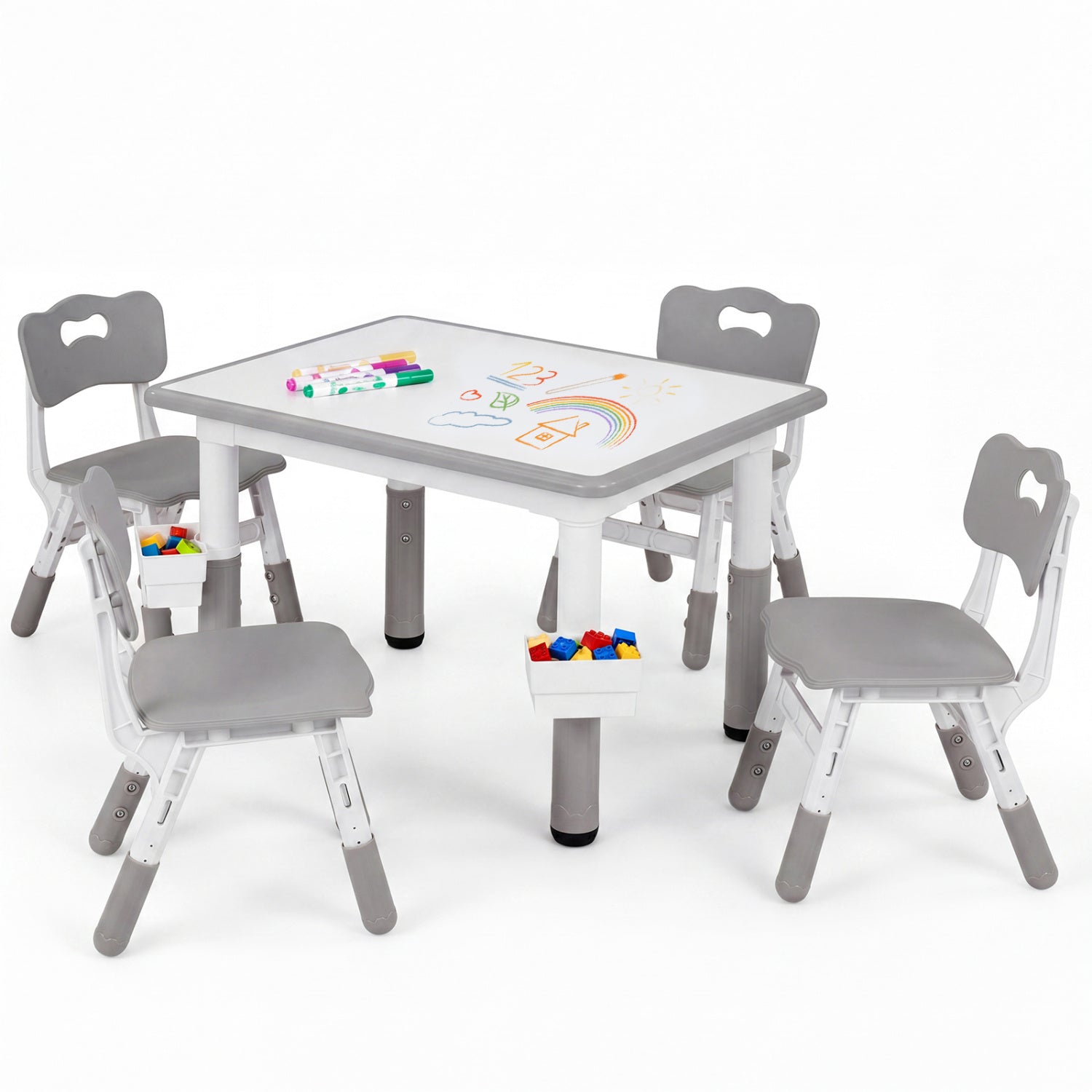 Height adjustable kids table and 4 chairs set with graffiti desktop and 2 storage baskets in gray, designed for toddlers and kids.