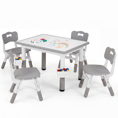 Height adjustable kids table and 4 chairs set with graffiti desktop and 2 storage baskets in gray, designed for toddlers and kids.