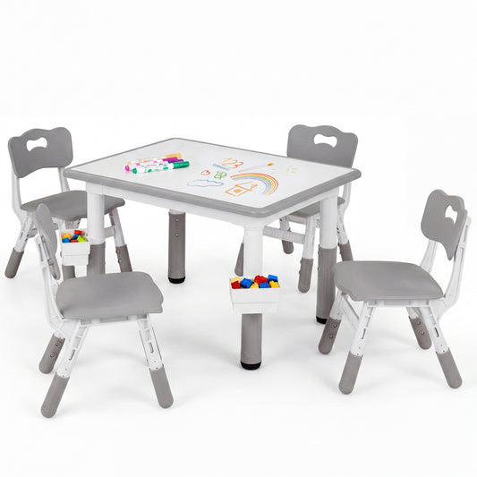 Height adjustable kids table and 4 chairs set with graffiti desktop and 2 storage baskets in gray, designed for toddlers and kids.