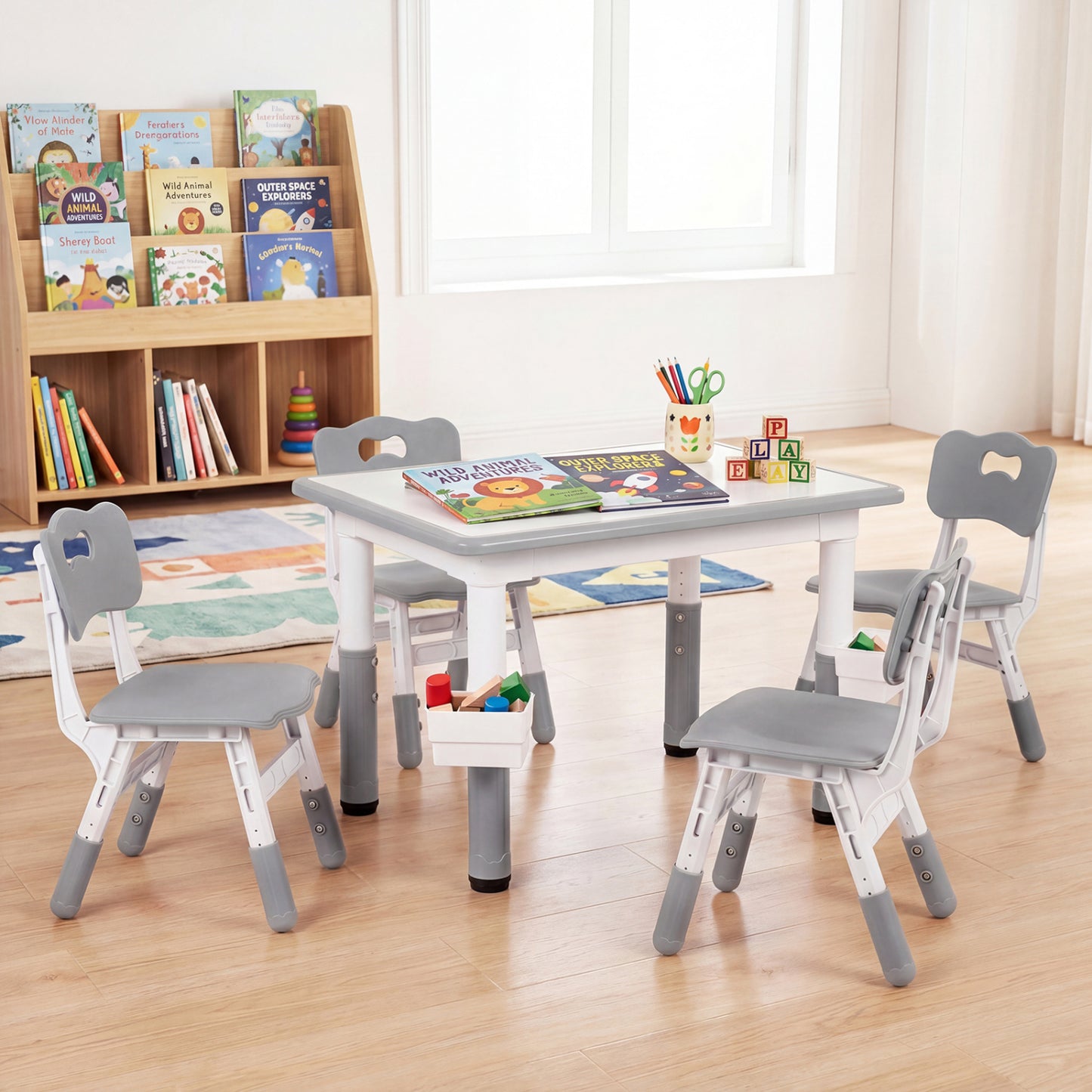 Height adjustable kids table and 4 chairs set with graffiti desktop and 2 storage baskets in gray, designed for toddlers and children.