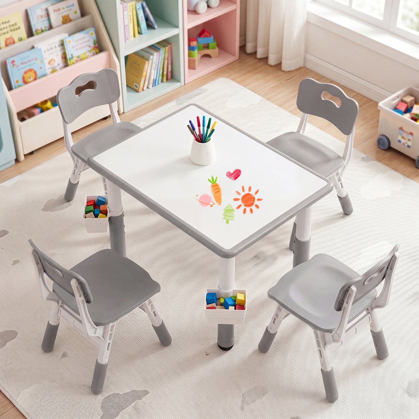 Height adjustable kids table and 4 chairs set with graffiti desktop and storage baskets in gray, suitable for toddlers and children.