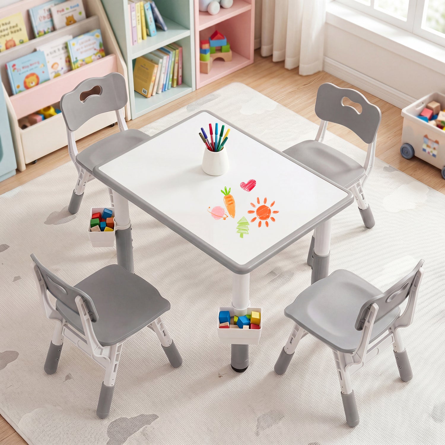 Height adjustable kids table and 4 chairs set with graffiti desktop and storage baskets in gray, suitable for toddlers and children.