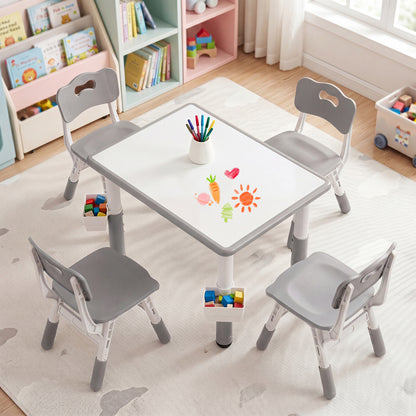 Height adjustable kids table and 4 chairs set with graffiti desktop and storage baskets in gray, suitable for toddlers and children.
