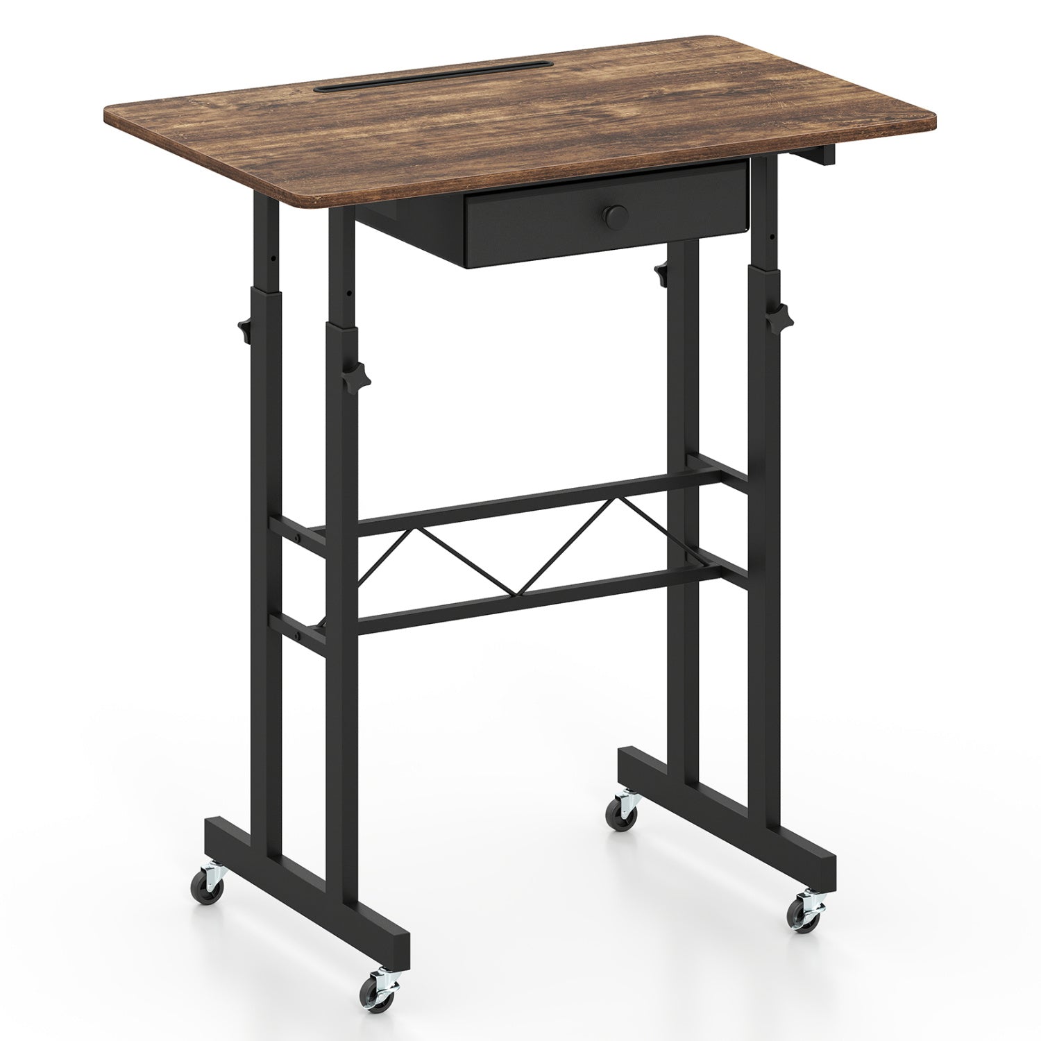 Black height adjustable laptop desk with fabric drawer, tablet holder, and lockable wheels for home office use.