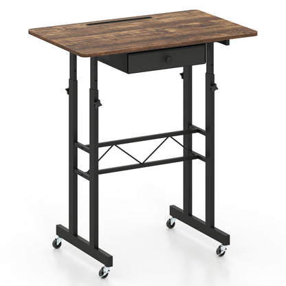Black height adjustable laptop desk with fabric drawer, tablet holder, and lockable wheels for home office use.