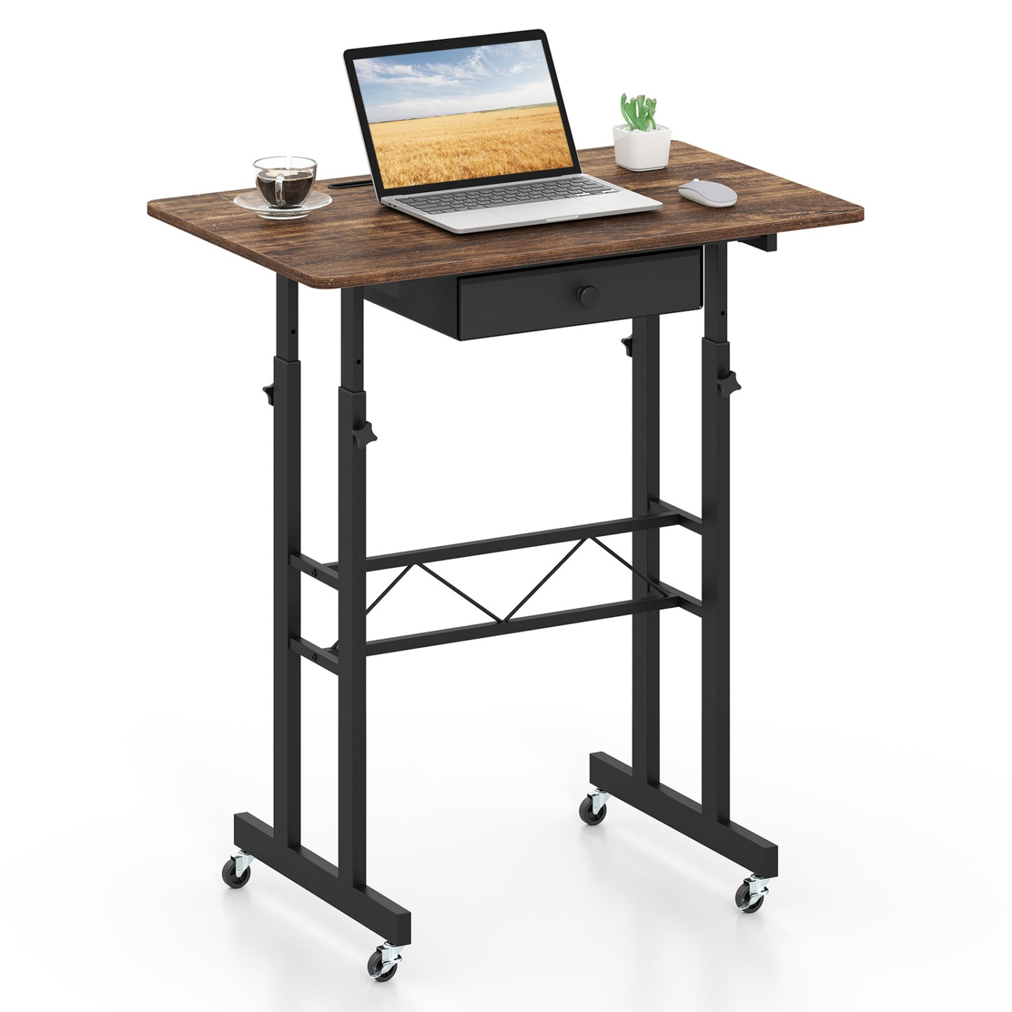 Black height adjustable laptop desk with fabric drawer, tablet holder, and lockable wheels for versatile home office use.