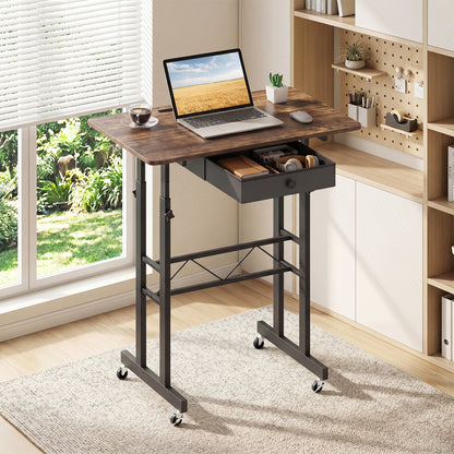 Black height-adjustable laptop desk with fabric drawer, tablet holder, and lockable wheels, ideal for home office standing desk.