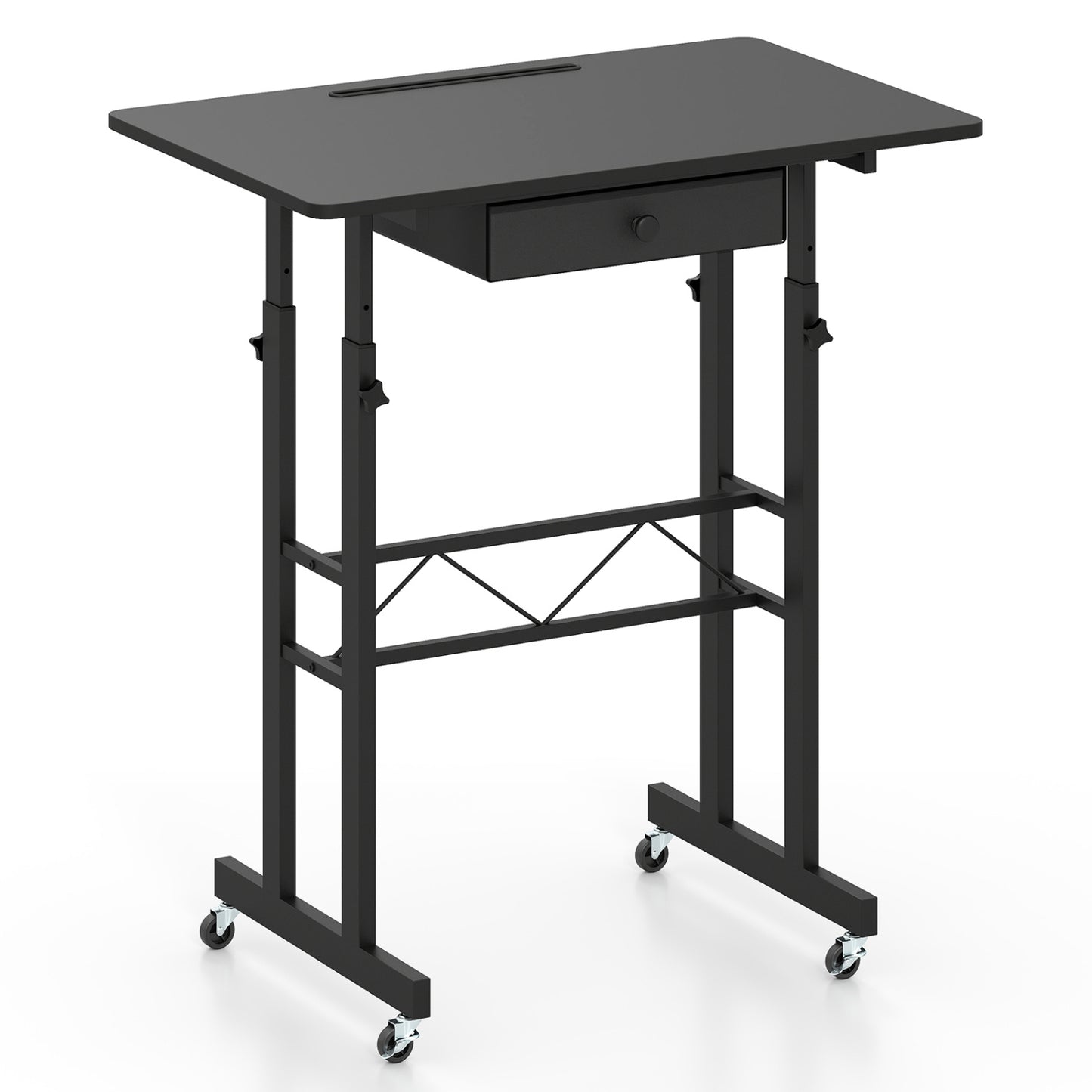 Black height adjustable laptop desk with fabric drawer, tablet holder, and lockable wheels, ideal for home office setup.