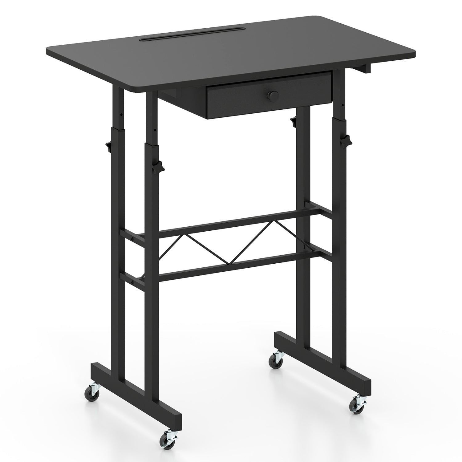 Black height adjustable laptop desk with fabric drawer, tablet holder, and lockable wheels, ideal for home office setup.