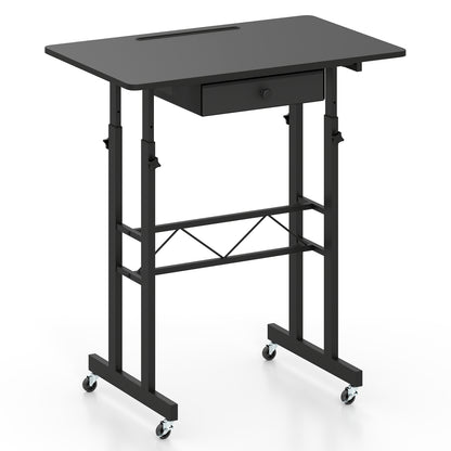 Black height adjustable laptop desk with fabric drawer, tablet holder, and lockable wheels, ideal for home office setup.