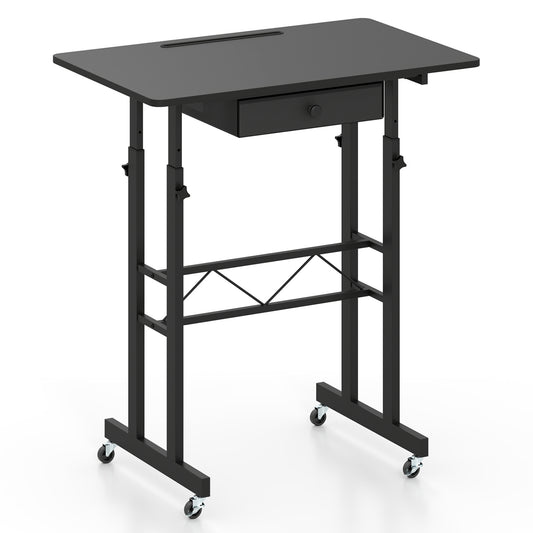 Black height adjustable laptop desk with fabric drawer, tablet holder, and lockable wheels, ideal for home office setup.
